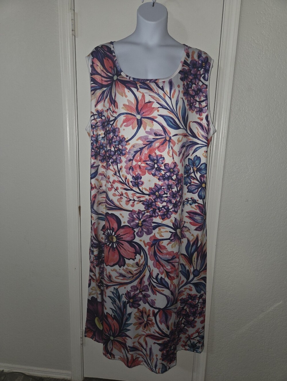 Sleeveless Floral Maxi Dress in White with Pink & Purple Print